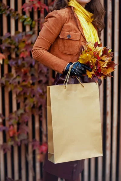 10月份 城市里穿着棕色风衣 头戴购物袋 头戴秋天黄叶的时髦女人的衣服 — 图库照片