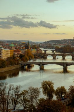 Vltava nehri ve Karlov 'la manzara en çok günbatımında Prag, Çek Cumhuriyeti' nde sonbaharda yeşillikler arasında çekildi..