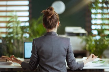 Sürdürülebilir iş yeri. İş yerinde meditasyon yapan gri takım elbiseli, modern, küçük işletme sahibi bir kadının arkasından görüldü..