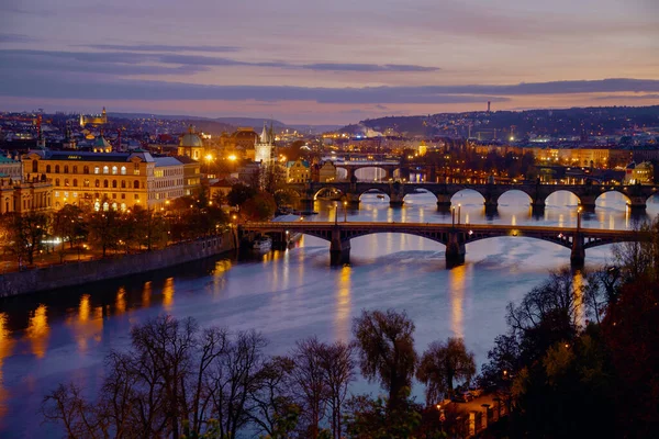 Landskap Med Floden Vltava Och Karlov Mest Natten Höst Prag — Stockfoto