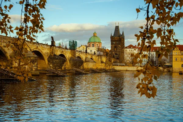 Krajina Řekou Vltavou Karlův Most Večerních Hodinách Protkaná Listím Podzim — Stock fotografie