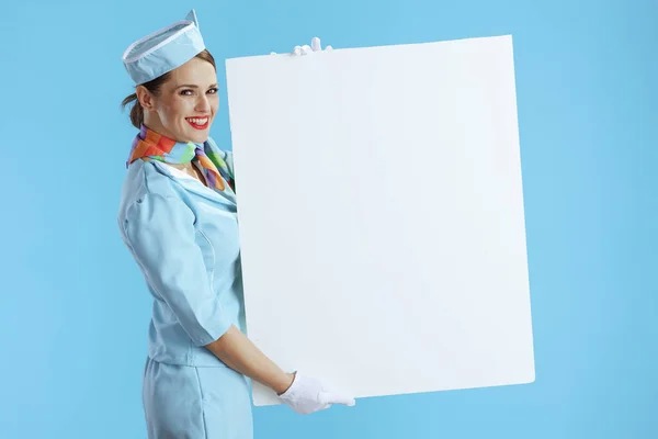 Happy Modern Female Flight Attendant Blue Background Blue Uniform Showing — Stock Photo, Image