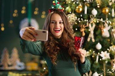 Noel zamanı. Mutlu, orta yaşlı, yeşil elbiseli, zarif bir kadın modern evdeki Noel ağacının yakınındaki bir telefondan web kamerası toplantısı yapıyor..