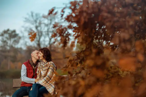 Ciao Autunno Sorridente Coppia Moderna Nel Parco Baciare Mentre Seduto — Foto Stock