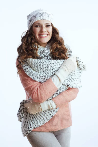 Olá Inverno Sorridente Moda Anos Idade Mulher Suéter Mitenes Chapéu — Fotografia de Stock