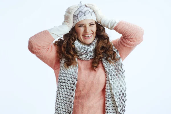Γεια Σου Χειμώνα Ενθουσιασμένοι Σύγχρονη Ετών Γυναίκα Πουλόβερ Γάντια Καπέλο — Φωτογραφία Αρχείου