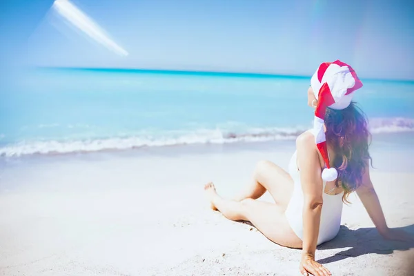 Seen Modern Female White Beachwear Long Wavy Hair Striped Christmas — Stock Photo, Image