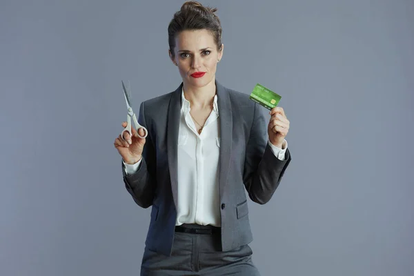 Fury Trendy Years Old Woman Employee Gray Suit Credit Card — Stock Photo, Image