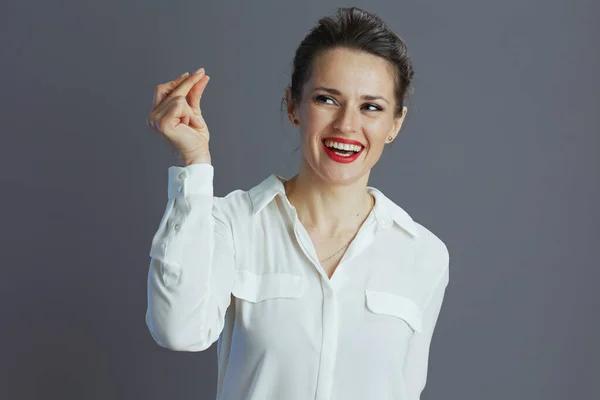 Sonriente Moda Años Edad Mujer Negocios Blanco Blusa Dedos Chasquido — Foto de Stock