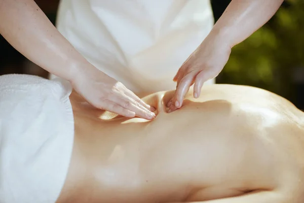 Healthcare time. Closeup on medical massage therapist in spa salon massaging client.