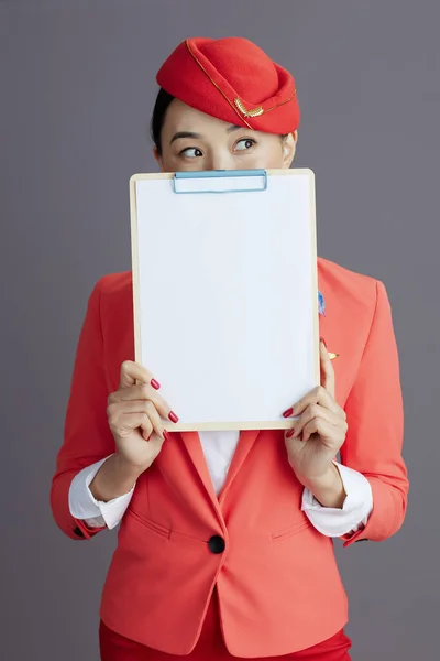 Modern Air Hostess Asian Woman Red Skirt Jacket Hat Uniform — Stock Photo, Image
