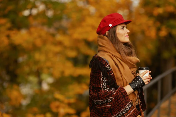 Merhaba Sonbahar Şehir Parkında Kırmızı Şapkalı Eşarplı Eldivenli Kahveli Orta — Stok fotoğraf