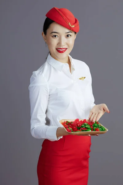 Happy Modern Asian Female Flight Attendant Red Skirt Hat Uniform — Stock Photo, Image