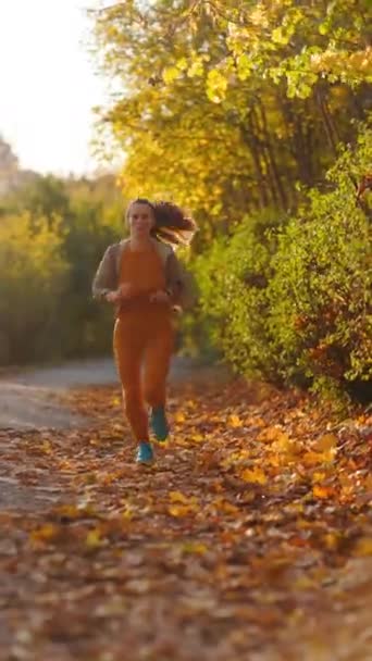 Hello Autumn Years Old Woman Fitness Clothes Park Jogging — Stock Video