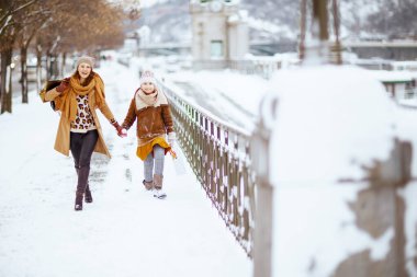 Palto, şapka, eşarp ve eldiven giymiş zarif anne ve çocuğun kışın açık havada gezen alışveriş çantalarıyla tam boy portresi..