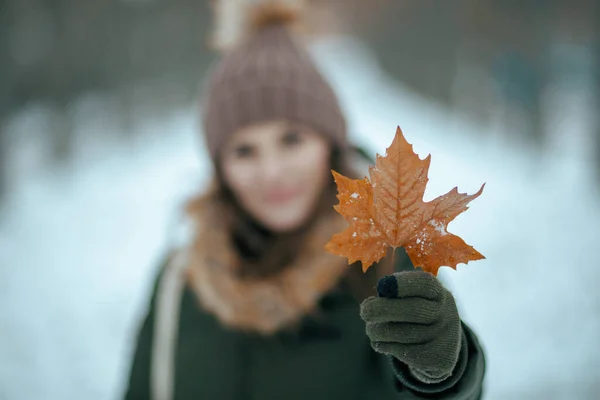 冬季穿着绿色外套 头戴褐色帽子 头戴手套 头戴秋叶的现代女性在城市公园里的服装 — 图库照片