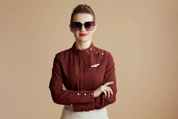 Portrait Stylish Air Hostess Woman Isolated Beige Background Sunglasses — Stock Photo, Image