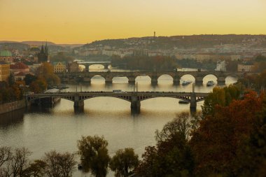 Vltava nehri ve Karlov 'la manzara en çok günbatımında Prag, Çek Cumhuriyeti' nde sonbaharda yeşillikler arasında çekildi..