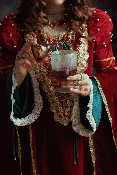 Nahaufnahme Einer Mittelalterlichen Königin Roten Kleid Die Auf Dunkelgrauem Hintergrund — Stockfoto