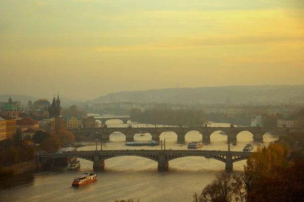 Paysage Avec Rivière Vltava Karlov Coucher Soleil Automne Prague République — Photo