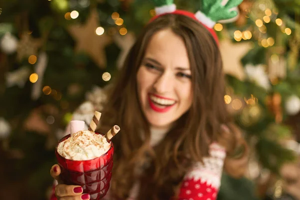 Weihnachtszeit Nahaufnahme Einer Glücklichen Modernen Hausfrau Mittleren Alters Mit Festlichem — Stockfoto