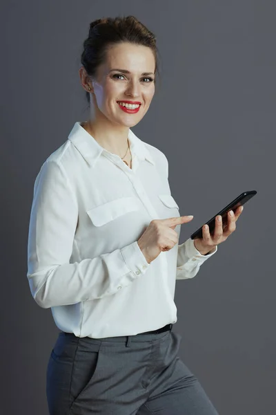 Happy Elegant Years Old Woman Worker White Blouse Writing Sms — Stock Photo, Image