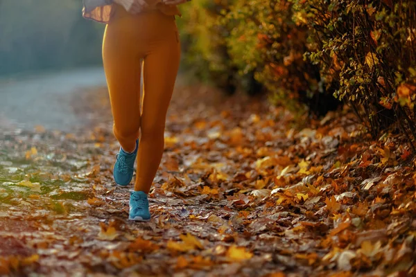 Merhaba Sonbahar Parkta Koşan Spor Elbiseli Bir Kadına Yakın Çekim — Stok fotoğraf