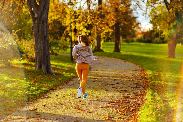 Witam Jesień Widziany Tyłu Kobieta Stroju Fitness Parku Jogging — Zdjęcie stockowe