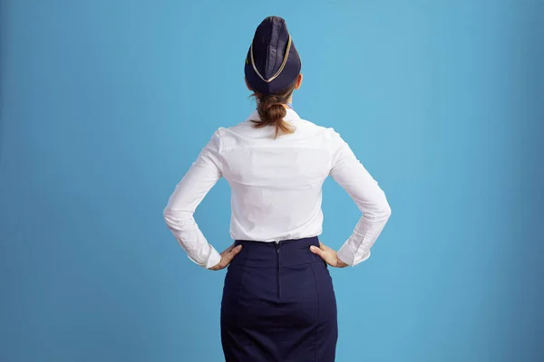 Seen Stylish Female Flight Attendant Blue Background Uniform — Stock Photo, Image