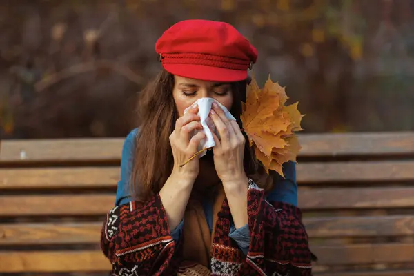 Hello Autumn Stylish Woman Red Hat Autumn Leafs Napkin Blowing — Stock Photo, Image