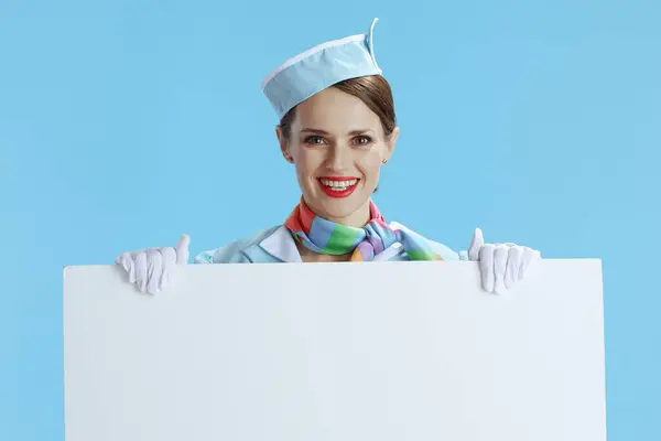Smiling Modern Female Flight Attendant Blue Background Blue Uniform Showing — Stock Photo, Image