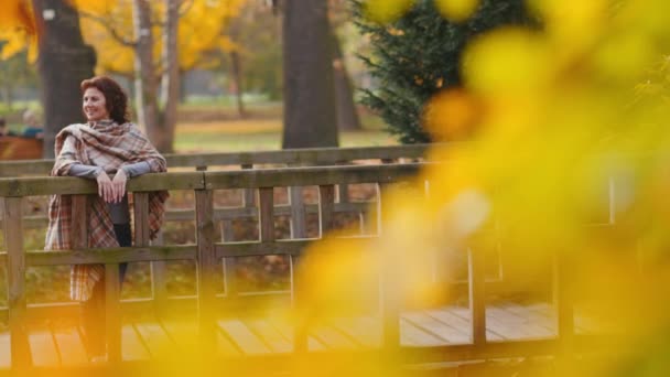在桥上的秋天公园里笑着的女人 — 图库视频影像