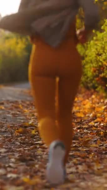Bonjour Automne Derrière Élégant Femelle Vêtements Fitness Dans Parc Jogging — Video