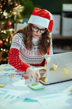 Noel zamanı. Noel Baba şapkalı, kırmızı Noel kazaklı, modern yeşil ofiste Noel ağacıyla çalışan mutsuz, şık, küçük işletme sahibi bir kadın..