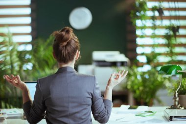 Sürdürülebilir iş yeri. Modern yeşil ofiste meditasyon yapan gri takım elbiseli modern iş kadınının arkasından görüldü..