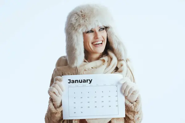 Smiling Stylish Middle Age Woman Winter Coat Fur Hat Isolated — Stock Photo, Image