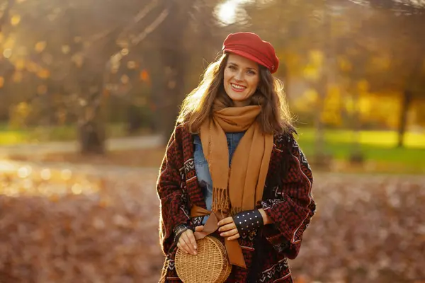 Hello Autumn Happy Stylish Woman Red Hat Scarf Gloves Bag — Stock Photo, Image