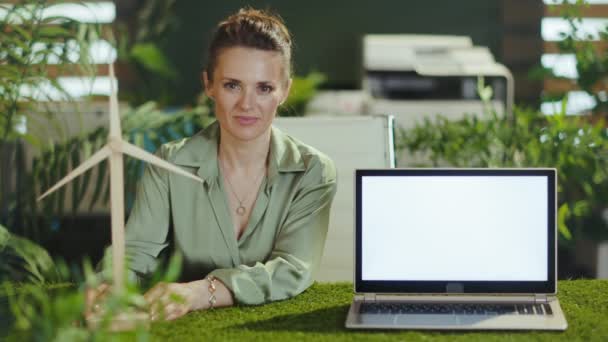 Feliz Moderna Meia Idade Pequena Empresária Mulher Blusa Verde Escritório — Vídeo de Stock