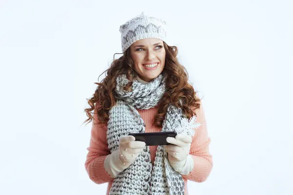 Hello Winter Happy Stylish Years Old Woman Sweater Mittens Hat — Stock Photo, Image
