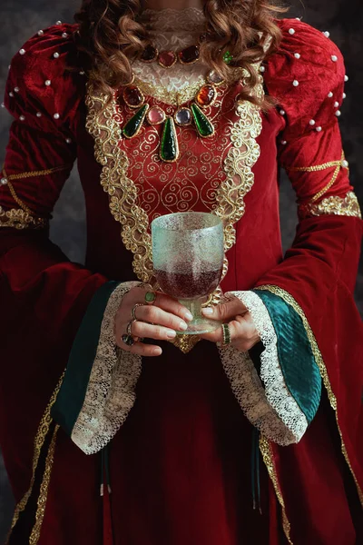 Primer Plano Reina Medieval Vestido Rojo Con Copa Sobre Fondo — Foto de Stock