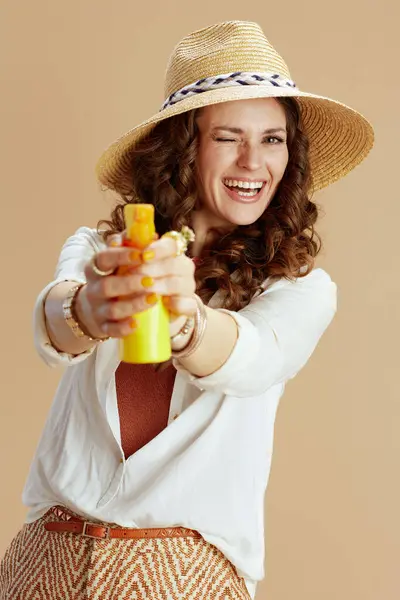 Beach Vacation Smiling Stylish Middle Aged Housewife White Blouse Shorts — Stock Photo, Image