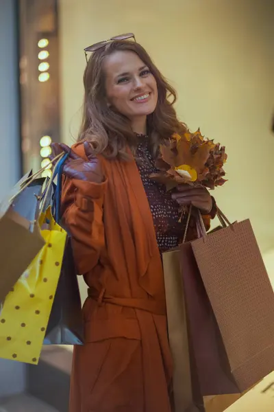 Hello Autumn Smiling Elegant Years Old Woman Orange Trench Coat — Stock Photo, Image