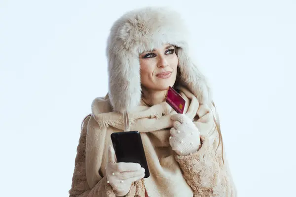 Happy Modern Woman Winter Coat Fur Hat White Background White — Stock Photo, Image