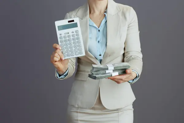 Closeup Female Employee Light Business Suit Calculator Dollars Money Packs — Stock Photo, Image