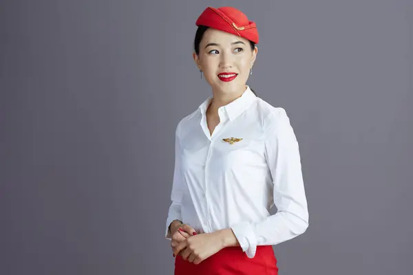 Happy Elegant Asian Female Flight Attendant Red Skirt Hat Uniform — Stock Photo, Image