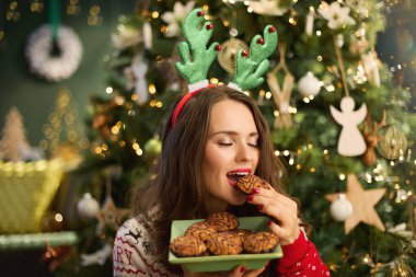 Noel zamanı. Noel kurabiyesi ve komik ren geyiği boynuzlarıyla gülen modaya uygun 40 yaşındaki ev hanımı modern evdeki Noel ağacının yanında geleneksel Noel süveteri giymiş geyik boynuzu..