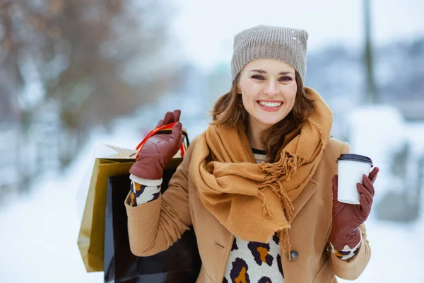 Happy Stylish Female Brown Hat Scarf Camel Coat Gloves Shopping — Stock Photo, Image