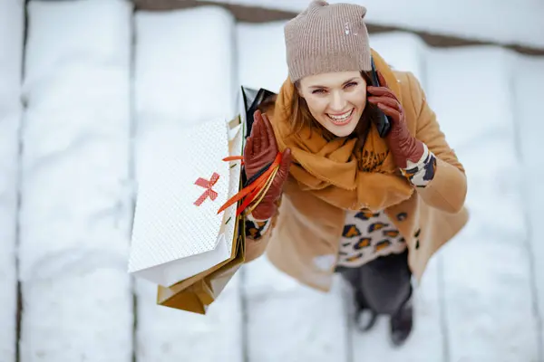 上图是40岁 头戴褐色帽子 头戴驼色外套 头戴手套 头戴购物袋 面带微笑的优雅的40岁老妇人冬天在城外用智能手机说话的情景 — 图库照片