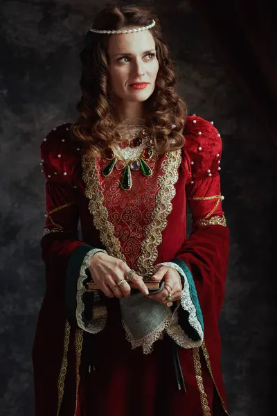 Reine Médiévale Robe Rouge Avec Livre Mouchoir Sur Fond Gris — Photo