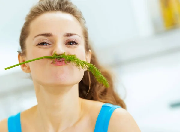 Funny Young Woman Using Dill Mustache Kitchen — Stock Photo, Image